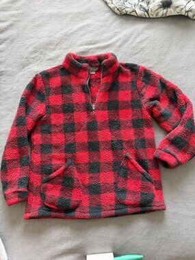 Womans pull over fluffy plaid sweater half zip